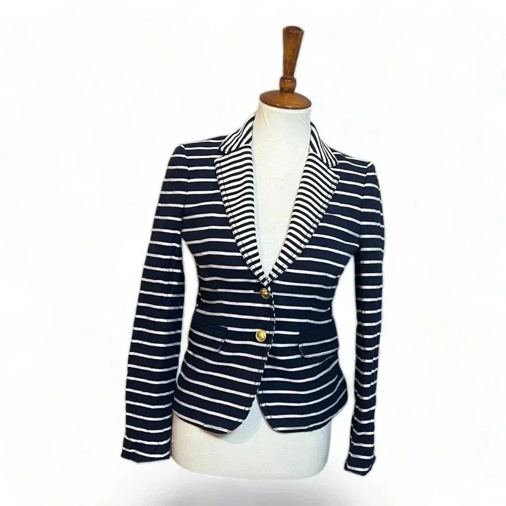 J. Crew Womens Navy Blue Striped Nautical Linen School Boy Blazer‎ Sz 0 Preppy